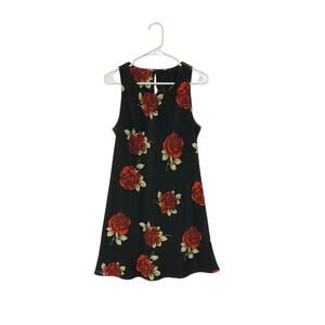 VTG 90s Roses Floral Black Red Sleeveless Mini Dress Lightweight Flowy Sz Medium